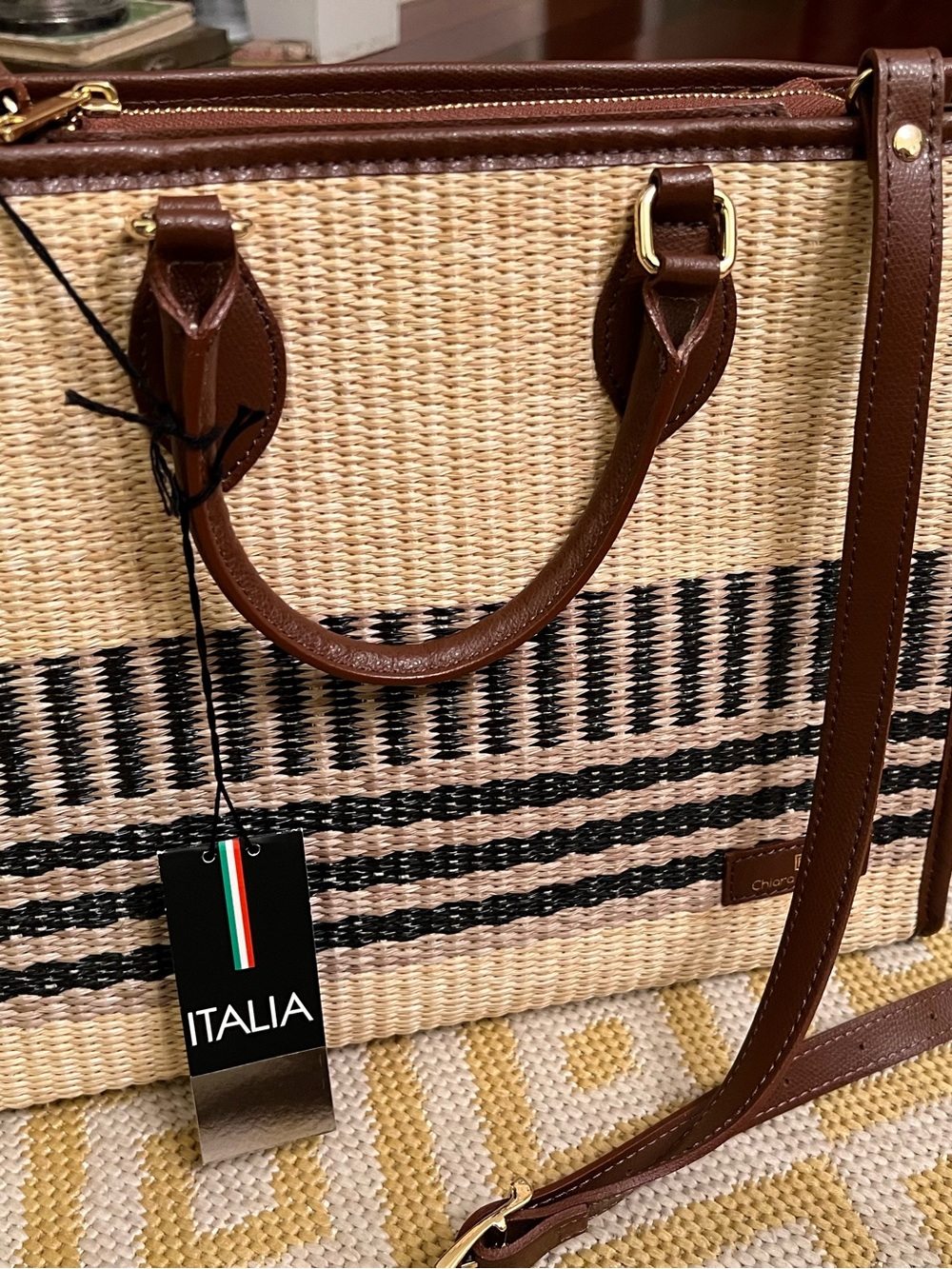 NWT Chiara Ferretti Made in Italy Woven Straw & Leather Structured Tote Bag